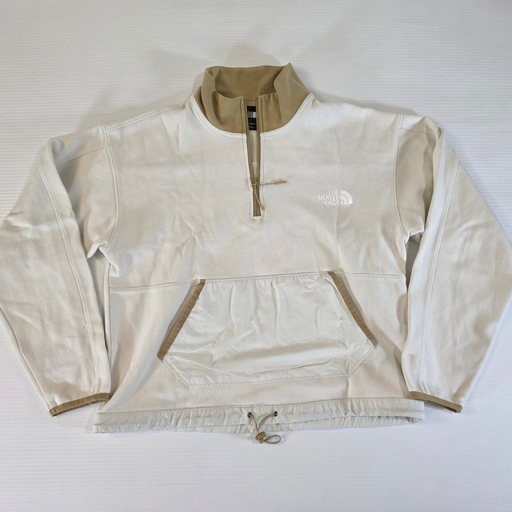 The North Face Pullover Womens Medium White Tan Quarter Zip Pocket Logo Outdoors